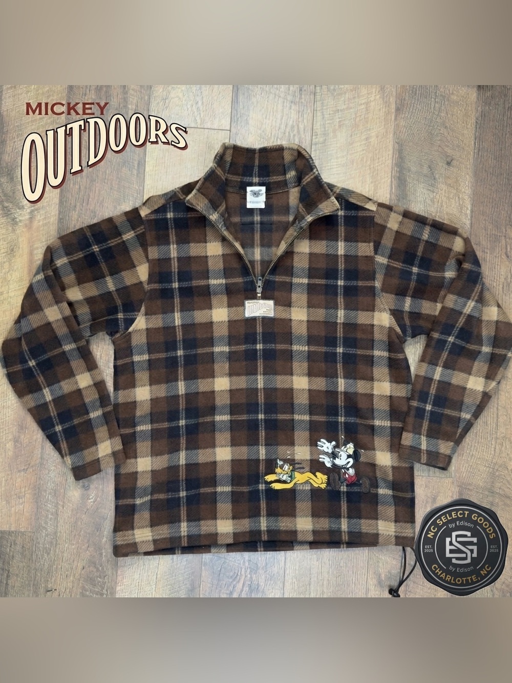 Vintage 90s Disney Catalog Mickey Outdoors Plaid Fleece 1/4 Zip Pullover Small